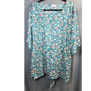 Molly & Isadora Floral Blouse Womens Plus Size 4X XXXX Teal Pink Short Slvs USA
